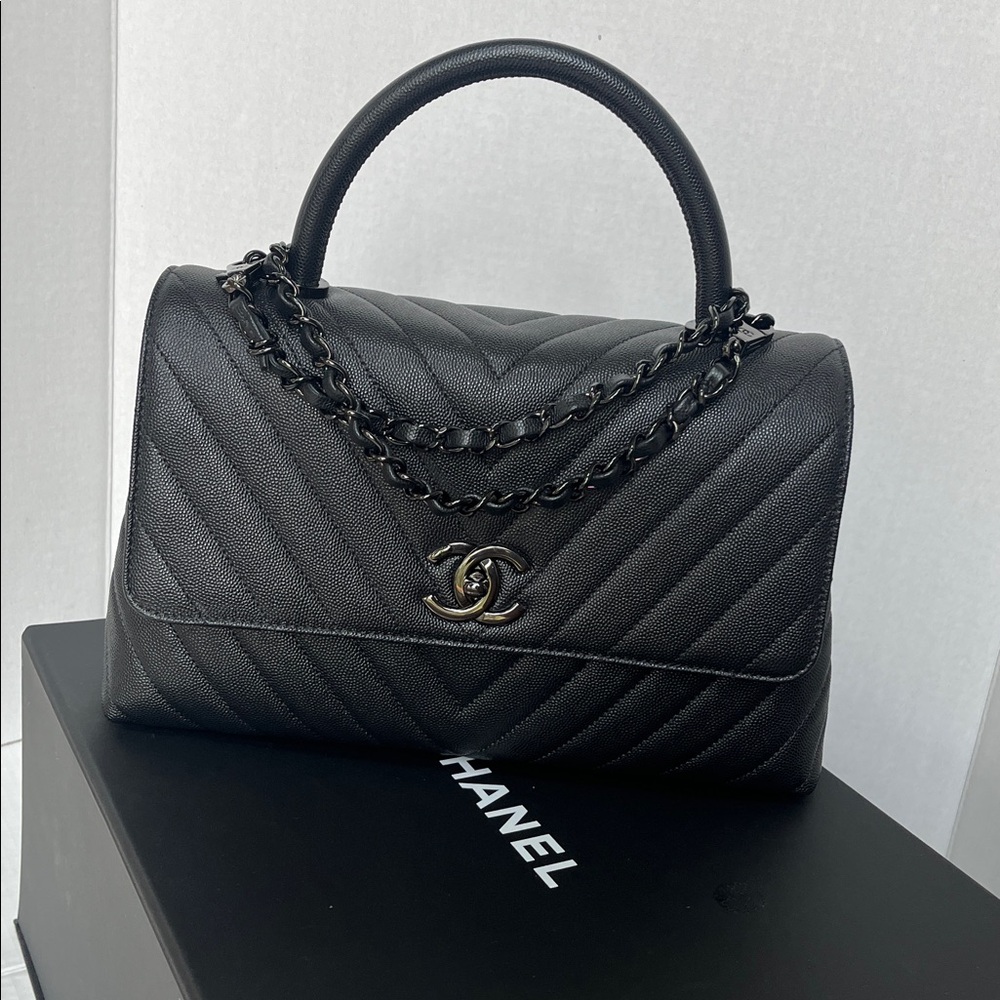 CHANEL Caviar Chevron Quilted Small Coco Handle Flap So Black